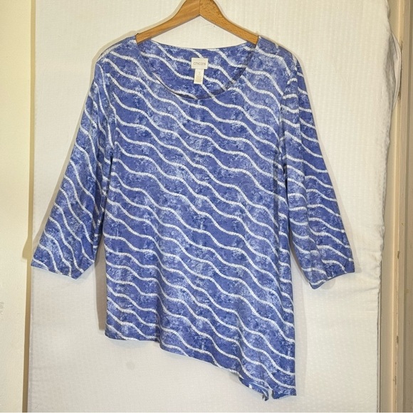 Chico's Tops - Chico’s Asymmetrical Tunic Blue White Wavy Print Size 3 XL Travel Coastal